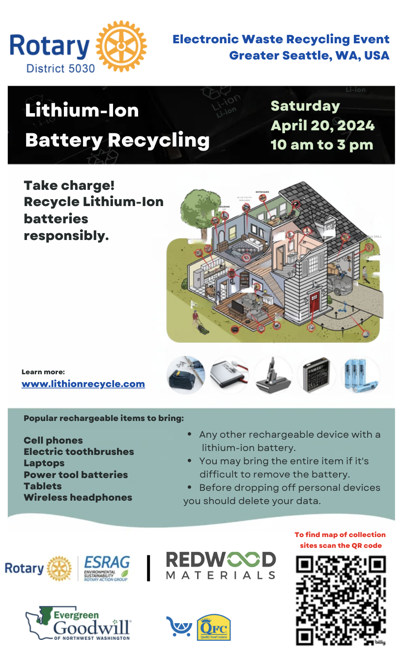 Rotary District 5030 Lithium Battery Recycling Event – Saturday, April 20, 2024 10AM to 3 PM